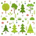 Different forest plants, trees mushrooms and other floral elements. Cartoon vector illustration isolate on white