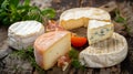 Different French cheeses on a wooden table