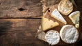 Different French cheeses on the wooden table, top-down view
