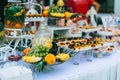 Different fresh fruits on wedding buffet table. Wedding table decoration. Buffet reception fruits. Royalty Free Stock Photo