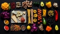 Different fresh ingredients for cooking italian pasta, spaghetti, fettuccine, fusilli and vegetables on a black Royalty Free Stock Photo