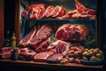 Different fresh meat on shelves at butcher shop Royalty Free Stock Photo