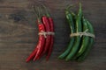 Different fresh ripe peppers on wooden table, flat lay Royalty Free Stock Photo