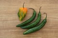 Different fresh ripe peppers on wooden table, flat lay Royalty Free Stock Photo