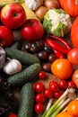 Different fresh ripe vegetables and fruits on wooden table, above view Royalty Free Stock Photo