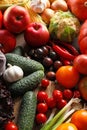 Different fresh ripe vegetables and fruits on wooden table, above view Royalty Free Stock Photo