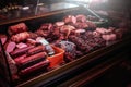 Different fresh and smoked meat in a store Royalty Free Stock Photo