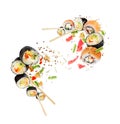 Different fresh sushi rolls with chopsticks hovered in white space Royalty Free Stock Photo