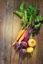 Different, fresh, young vegetables, beets, carrots