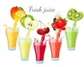 Different fruit juices in glasses with splashes. Mango, apple, strawberry, currant, cherry, kiwi. Vector