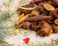 Different fruit leather, dried banana, kiwi, orange slices close up Royalty Free Stock Photo