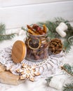 Different fruit leather, dried banana, kiwi, orange slices in the glass jar Royalty Free Stock Photo