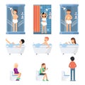 Different funny people take a shower in bathroom. Vector pictures in flat style