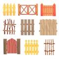 Different garden wooden fences and gates set, rural hedges vector Illustrations