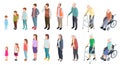 Different generations. Isometric people adult female male characters kids girl boy old man woman human age evolution Royalty Free Stock Photo