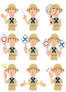 9 different gestures and facial expressions of a man dressed as an explorer upper body