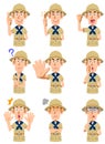 9 different gestures and facial expressions of a man dressed as an explorer upper body