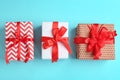 Different gift boxes on color background Royalty Free Stock Photo