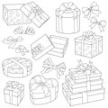 Different gift boxes with ribbon bow. Set of presents Holiday icons minimalism design Royalty Free Stock Photo