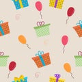 Different gift boxes seamless pattern. Gift boxes with baloons