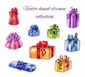 Different gifts in a bright package with colored bows. Small holiday illustrations isolated on white. Suitable for registration of