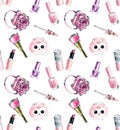 Different girlish features in pink color. Seamless pattern. Watercolor hand drawn iluustration