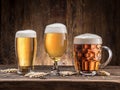 Different glasses of beer on the wooden table. Royalty Free Stock Photo