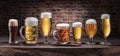 Different glasses of beer on the wooden table. Royalty Free Stock Photo