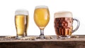 Different glasses of beer on the wooden table. Royalty Free Stock Photo