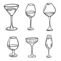 Different glasses hand draw line art. Wine, champagne, cognac and other drinks. Beverage icons for restaurant, menus and printing Royalty Free Stock Photo