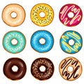 Different glazed colored donuts set