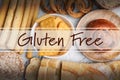 Different gluten free products on white textured table, flat lay Royalty Free Stock Photo