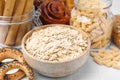 Different gluten free products on white tiled table, closeup Royalty Free Stock Photo