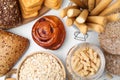 Different gluten free products on white tiled table, flat lay Royalty Free Stock Photo