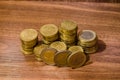 Different golden euro coins on wooden table