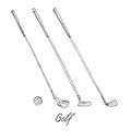 Different golf clubs putters wood, putter, wedge and ball, hand drawn doodle sketch with inscription, isolated vector outline Royalty Free Stock Photo