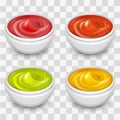 Different gourmet sauces, mustard, ketchup, soy, marinade on transparent background