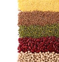 Different grains and cereals on white background Royalty Free Stock Photo