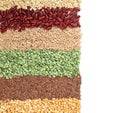 Different grains and cereals on white background, top view Royalty Free Stock Photo