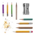 Different graphite pencils, sharpener and shavings isolated on white, set Royalty Free Stock Photo