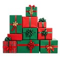 Different green and red christmas gift boxes stacked isolated on white background Royalty Free Stock Photo