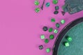 Different green roleplaying dices on purple background Royalty Free Stock Photo