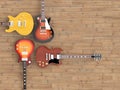 Different guitars on wooden floors, viewed from above