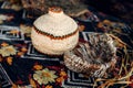 Different hand made weave basckets on table. Craft workshop. Close up shot Royalty Free Stock Photo