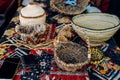 Different hand made weave basckets on table. Craft workshop. Close up shot Royalty Free Stock Photo