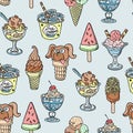 Different handdrown sketch dooddle ice cream vector dessert illustration seamless pattern background