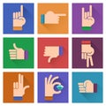 Different hands, gestures, signals flat design illustration;