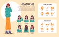 Different headache types infographics. Cartoon woman with selected face areas. Pain localization. Risk factors and