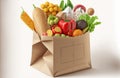 Different healthy foods in a paper bag, isolated on a white backdrop. looking up Royalty Free Stock Photo