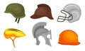 Different Helmets Collection, Headgear of Knight, Military, Builder, Cyclist, Athlete, Vector Illustration